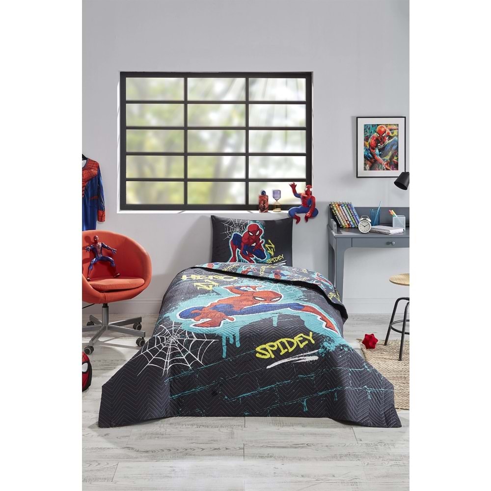 Özdilek Lisanslı Kapitoneli Tek Kişilik Dört Mevsim Nevresim Takımı Complete Set-Spiderman Street Gri