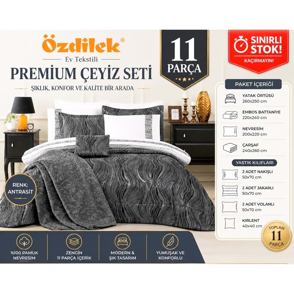 Özdilek 11 Parça -Novella Antrasit- Çeyiz Seti (Battaniye+Nevresim Tk+Yatak Ört)