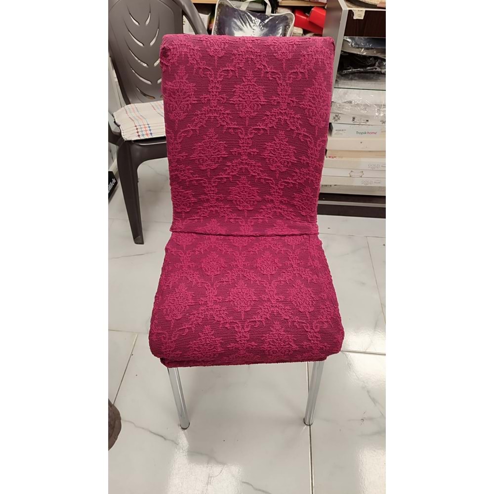 MANDAŞ 6LI SET Jakarlı Lastikli Eteksiz Sandalye Kılıfı-Şal Desen Mürdüm