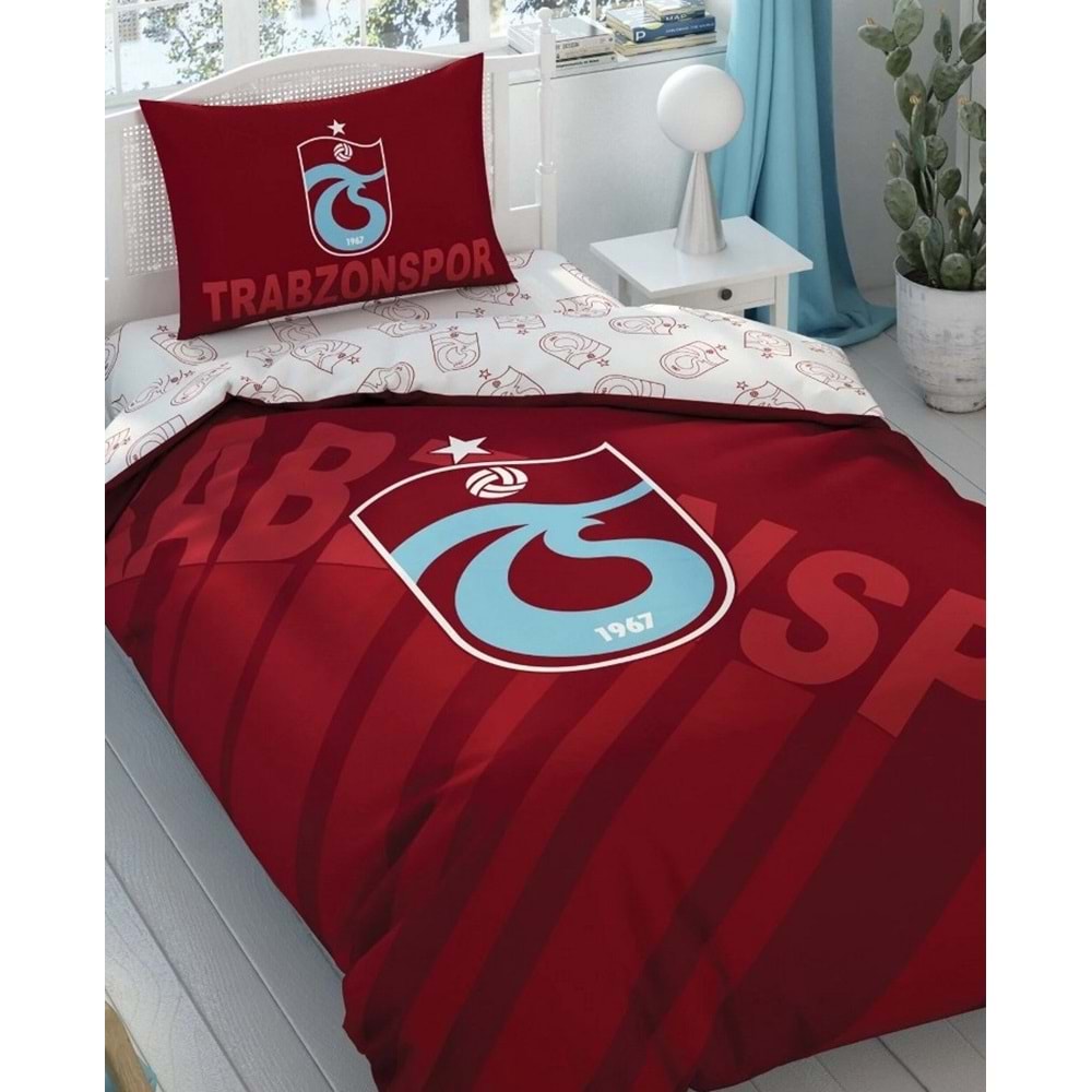 Taç Taraftar Lisanslı Ranforce Çarşafı Lastikli Tek Kişilik Nevresim Takımı-Trabzonspor Bordo Logo
