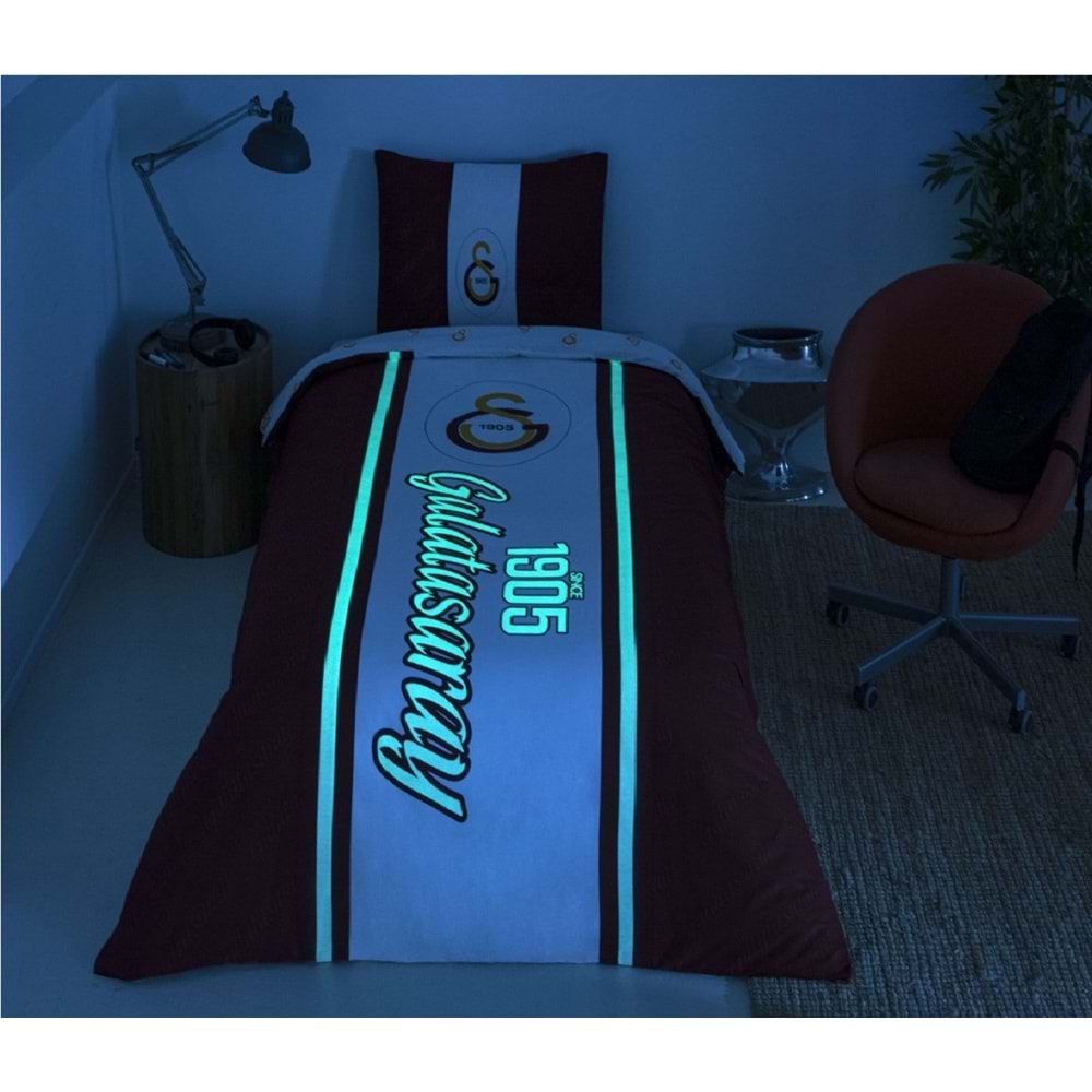 Taç Taraftar Lisanslı Ranforce (Gece Işıldayan) Çarşafı Lastikli Tek Kişilik Nevresim Takımı-Galatasaray 1905 Glow