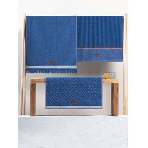 Cotton Box 3'lü Jakarlı Havlu Seti Çantalı (50x90)-Denim Mavi