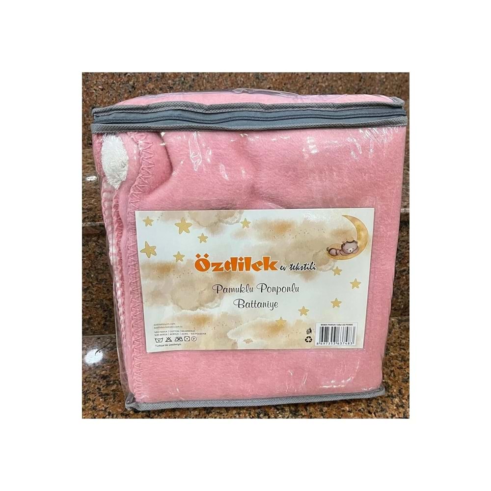Özdilek Pamuklu Ponponlu Bebek Battaniyesi (100x120)-Pembe
