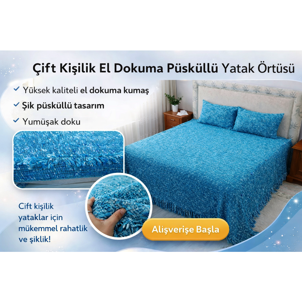 Tavşan Tüyü Peluş El Dokuma Yumuşak Dokulu Çift Kişilik Yatak Örtüsü (280x260)-mavi