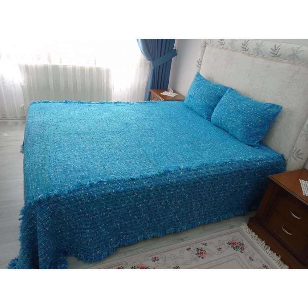 Tavşan Tüyü Peluş El Dokuma Yumuşak Dokulu Çift Kişilik Yatak Örtüsü (280x260)-mavi