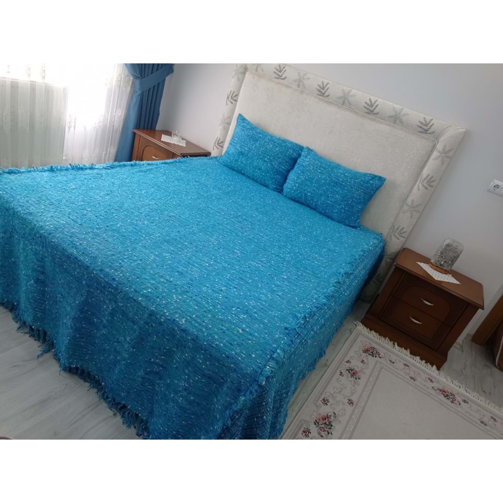 Tavşan Tüyü Peluş El Dokuma Yumuşak Dokulu Çift Kişilik Yatak Örtüsü (280x260)-mavi