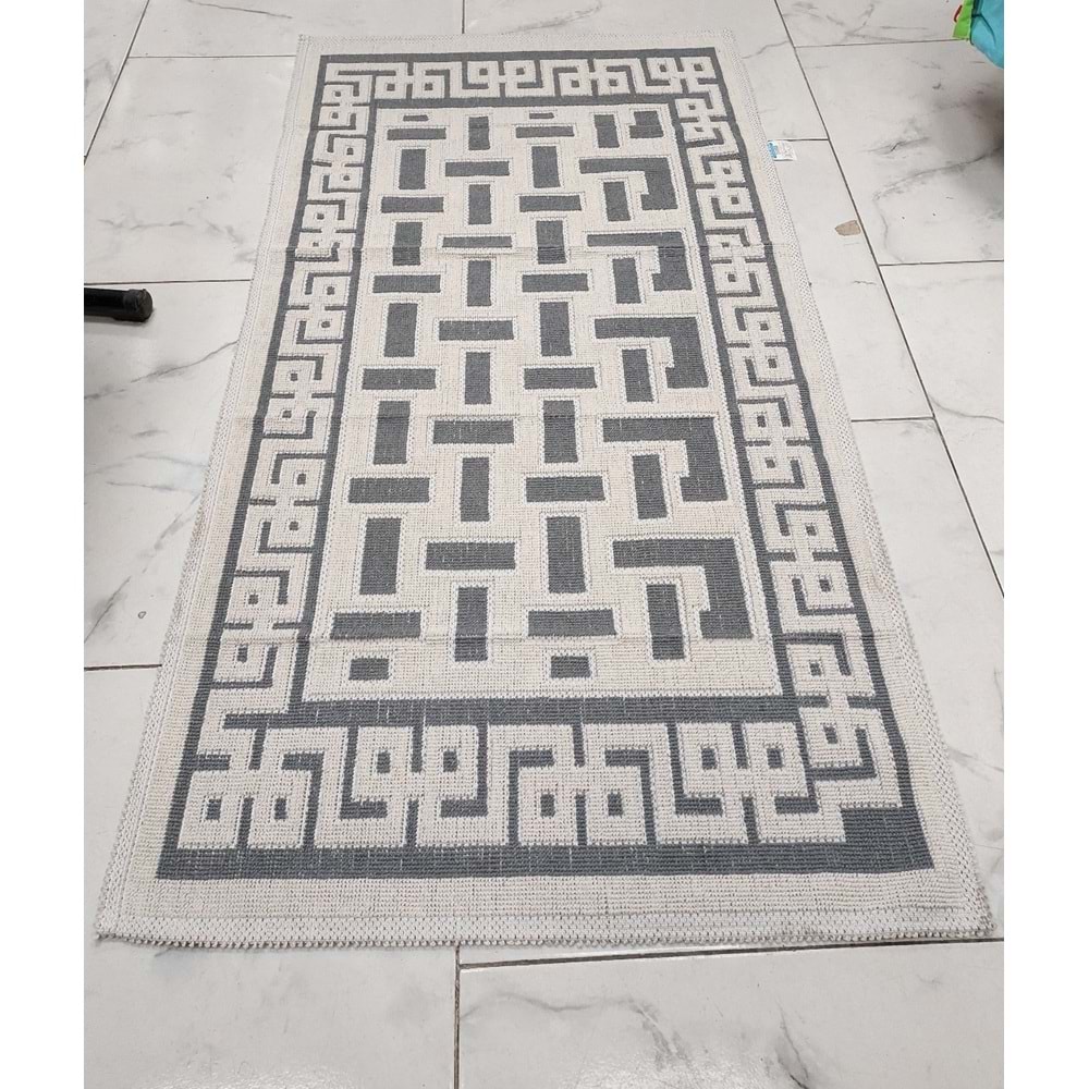 Pamuklu Bukle Lüks Kilim (80x150)-Labirent Kreme Gri