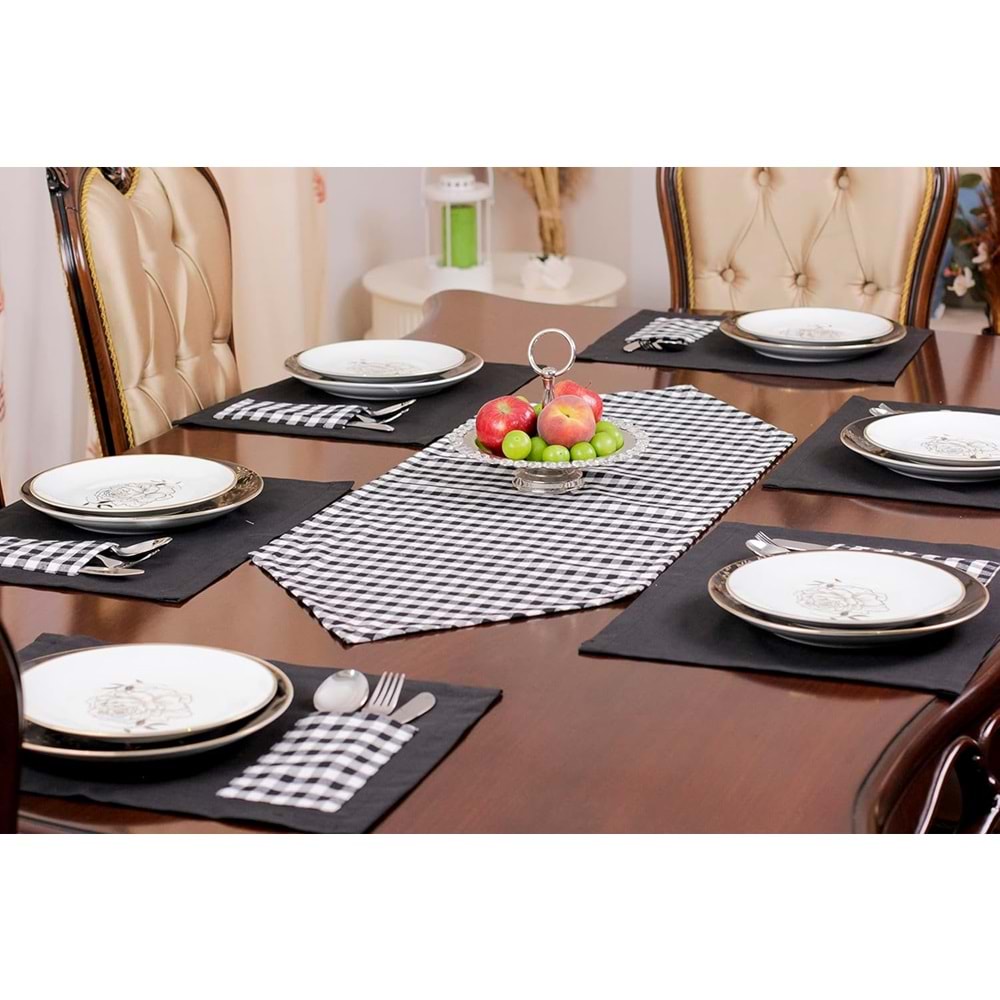 Tropik home Amerikan Servis Moena Dinner Runner Seti 6 Kişilik Set Siyah Ekose Desen Salon ve Masa Sunum Takımı