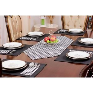 Tropik home Amerikan Servis Moena Dinner Runner Seti 6 Kişilik Set Siyah Ekose Desen Salon ve Masa Sunum Takımı