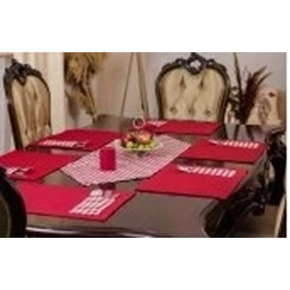 Tropik home Amerikan Servis Moena Dinner Runner Seti 6 Kişilik Set Kırmızı Ekose Desen Salon ve Masa Sunum Takımı
