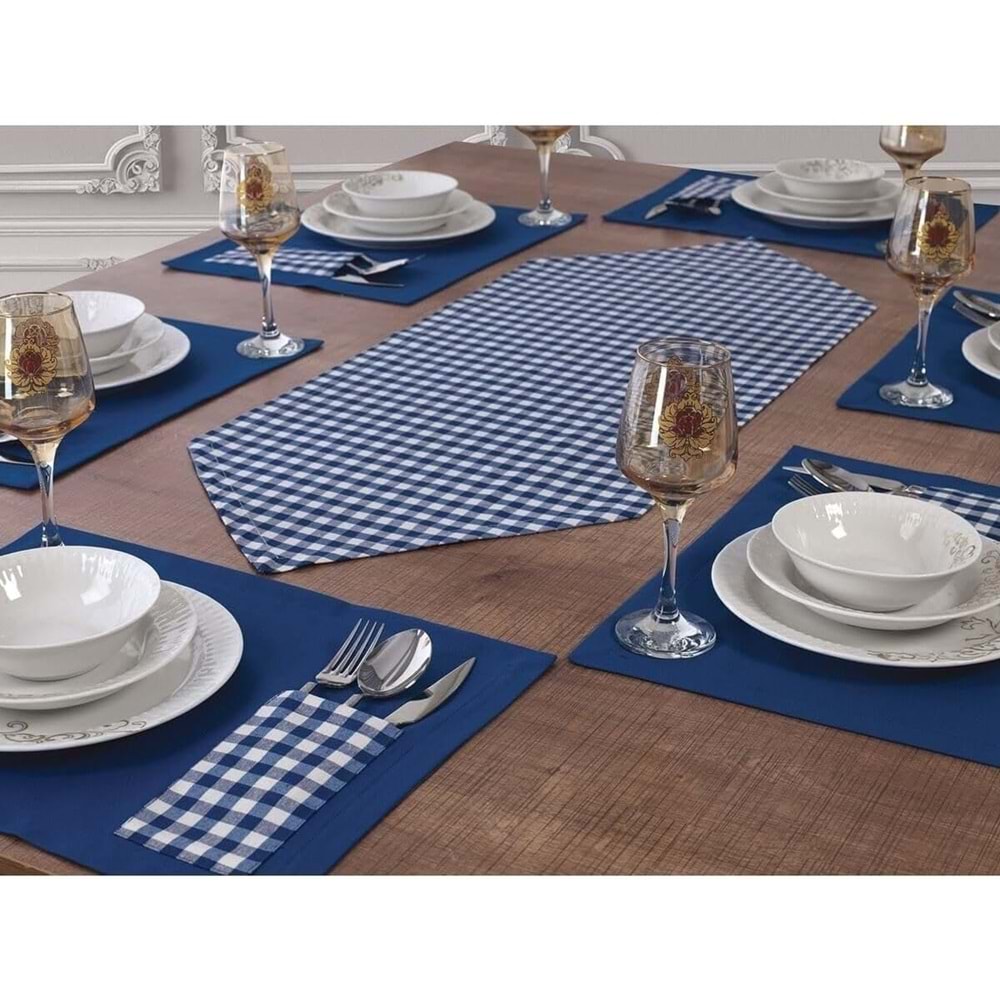 Tropik home Amerikan Servis Moena Dinner Runner Seti 6 Kişilik Set Mavi Ekose Desen Salon ve Masa Sunum Takımı