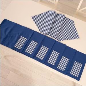 Tropik home Amerikan Servis Moena Dinner Runner Seti 6 Kişilik Set Mavi Ekose Desen Salon ve Masa Sunum Takımı