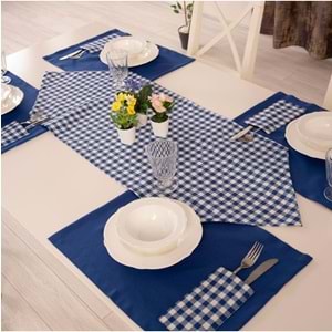 Tropik home Amerikan Servis Moena Dinner Runner Seti 6 Kişilik Set Mavi Ekose Desen Salon ve Masa Sunum Takımı