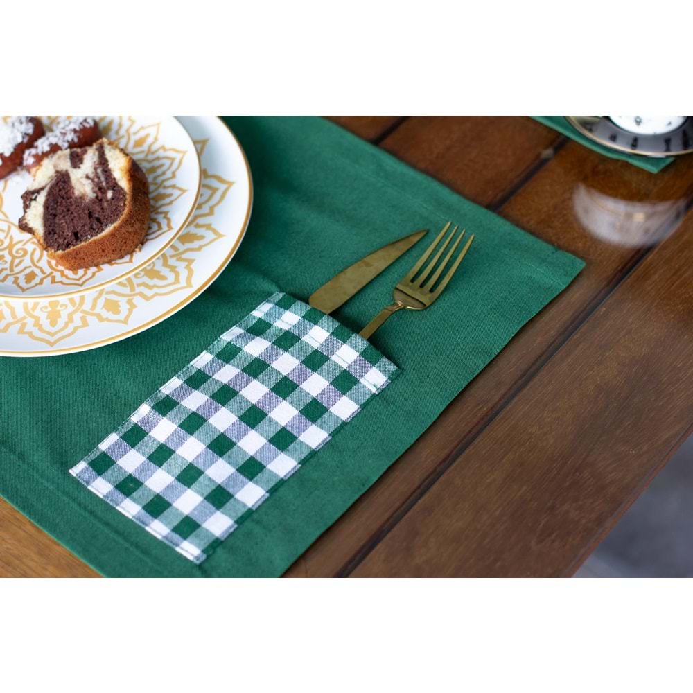 Tropik home Amerikan Servis Moena Dinner Runner Seti 6 Kişilik Set Yeşil Ekose Desen Salon ve Masa Sunum Takımı