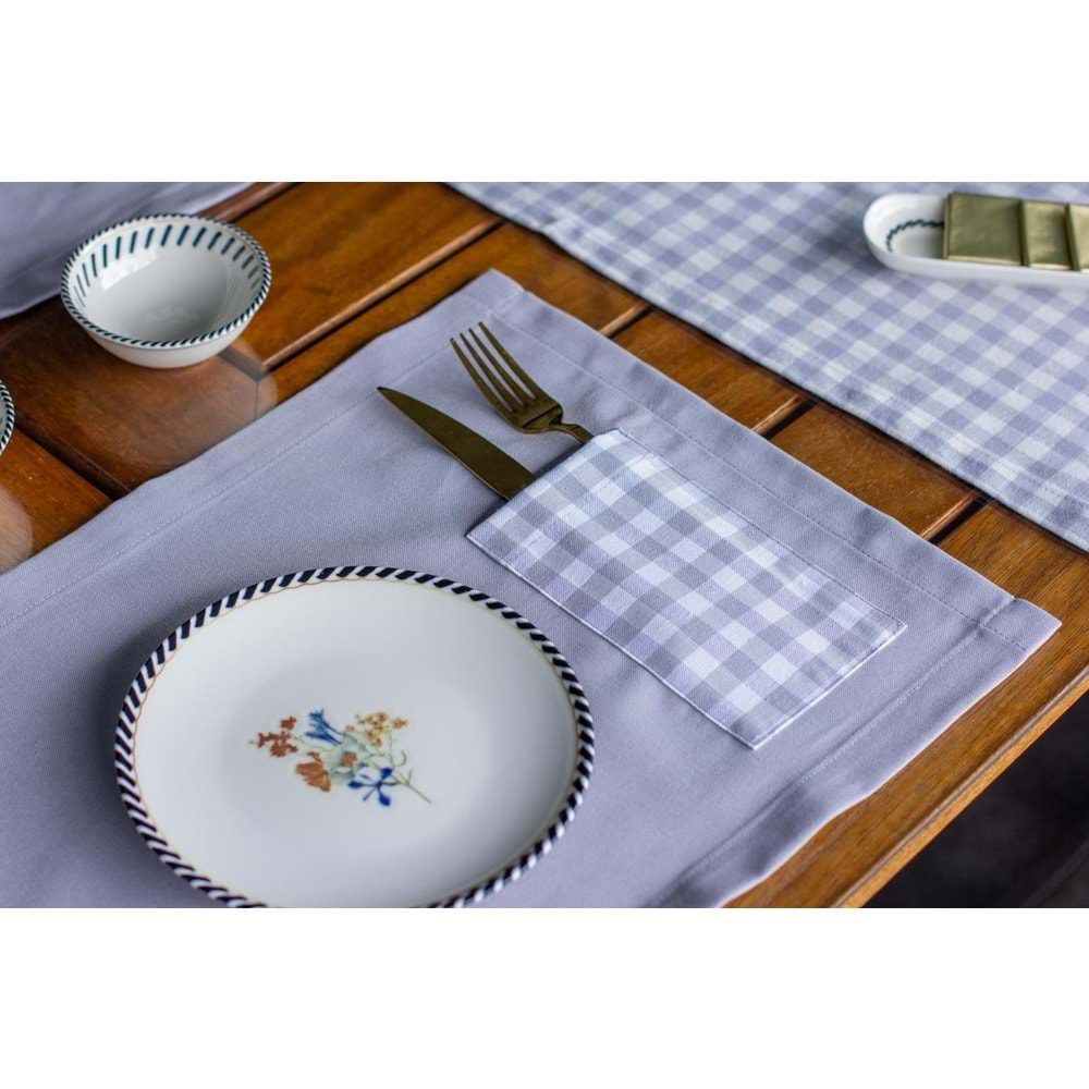 Tropik home Amerikan Servis Moena Dinner Runner Seti 6 Kişilik Set Pudra Ekose Desen Salon ve Masa Sunum Takımı