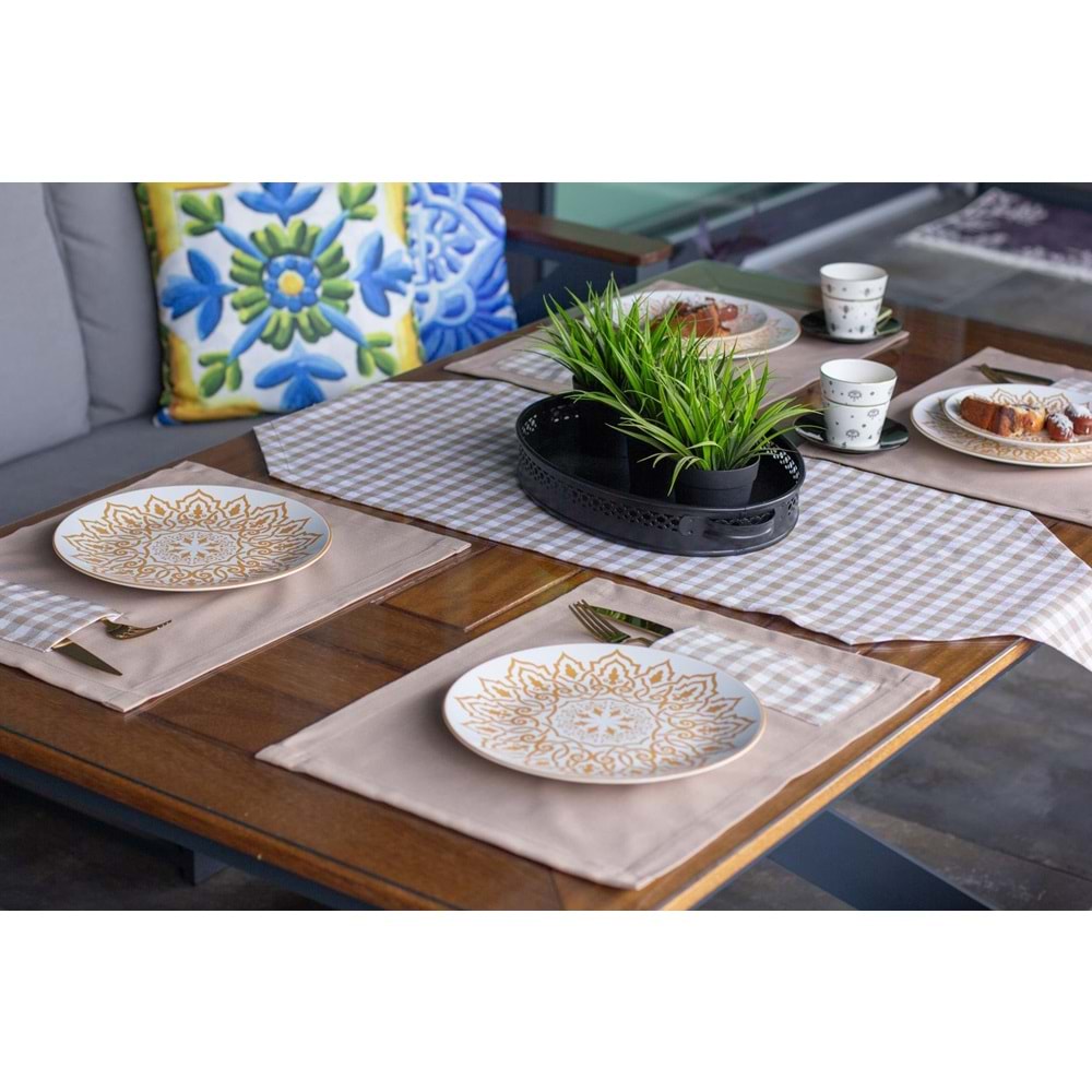 Tropik home Amerikan Servis Moena Dinner Runner Seti 6 Kişilik Set Kahve Ekose Desen Salon ve Masa Sunum Takımı