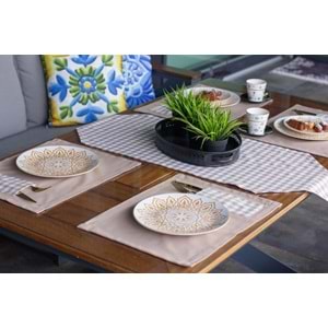 Tropik home Amerikan Servis Moena Dinner Runner Seti 6 Kişilik Set Kahve Ekose Desen Salon ve Masa Sunum Takımı