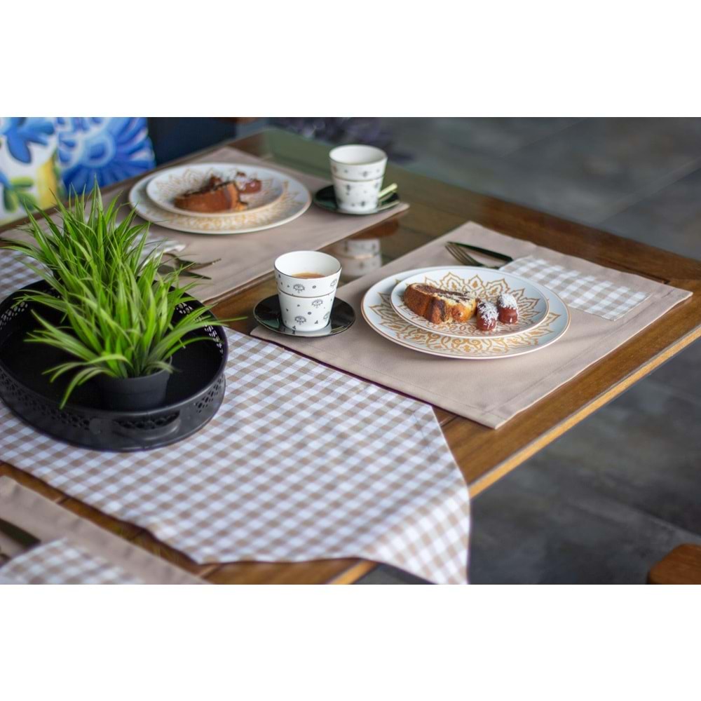 Tropik home Amerikan Servis Moena Dinner Runner Seti 6 Kişilik Set Kahve Ekose Desen Salon ve Masa Sunum Takımı