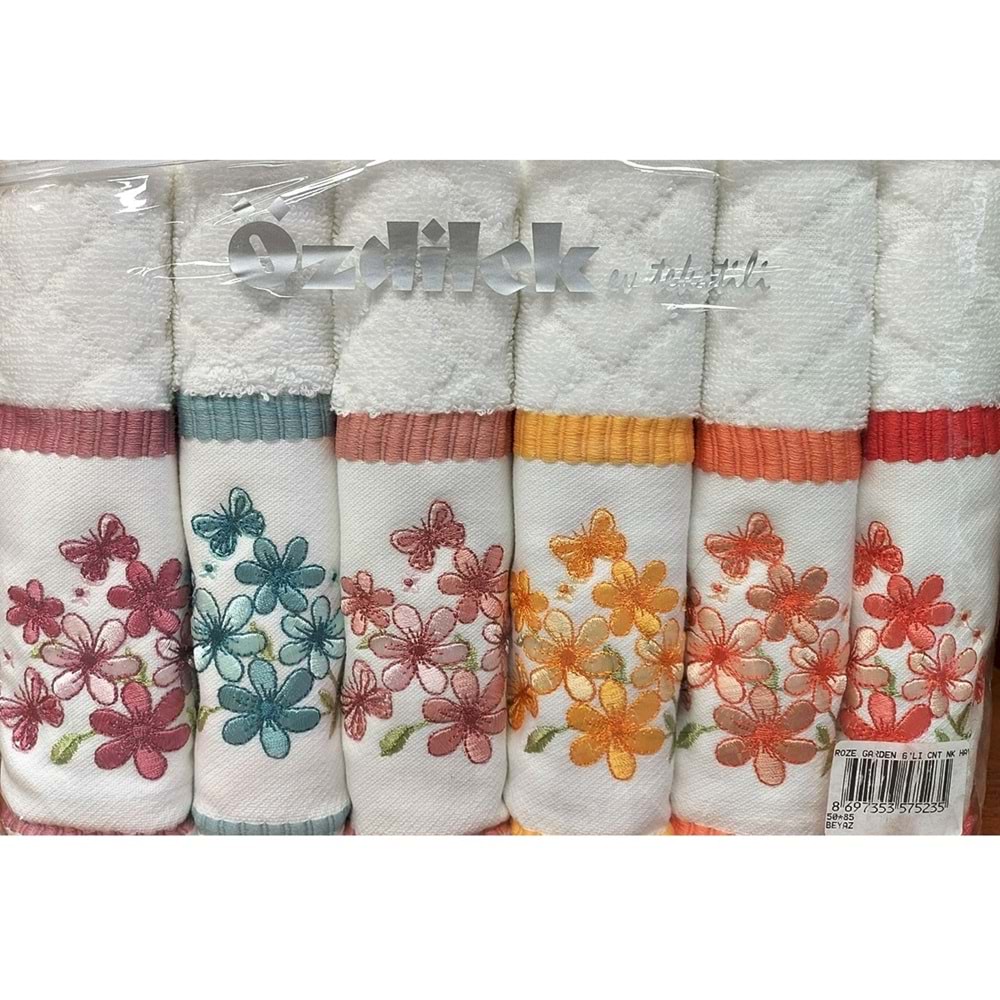 Özdilek Çantalı 6lı Su Emiciliği Yüksek Pamuk El-Yüz Havlusu (50x85)-Roze Garden Beyaz