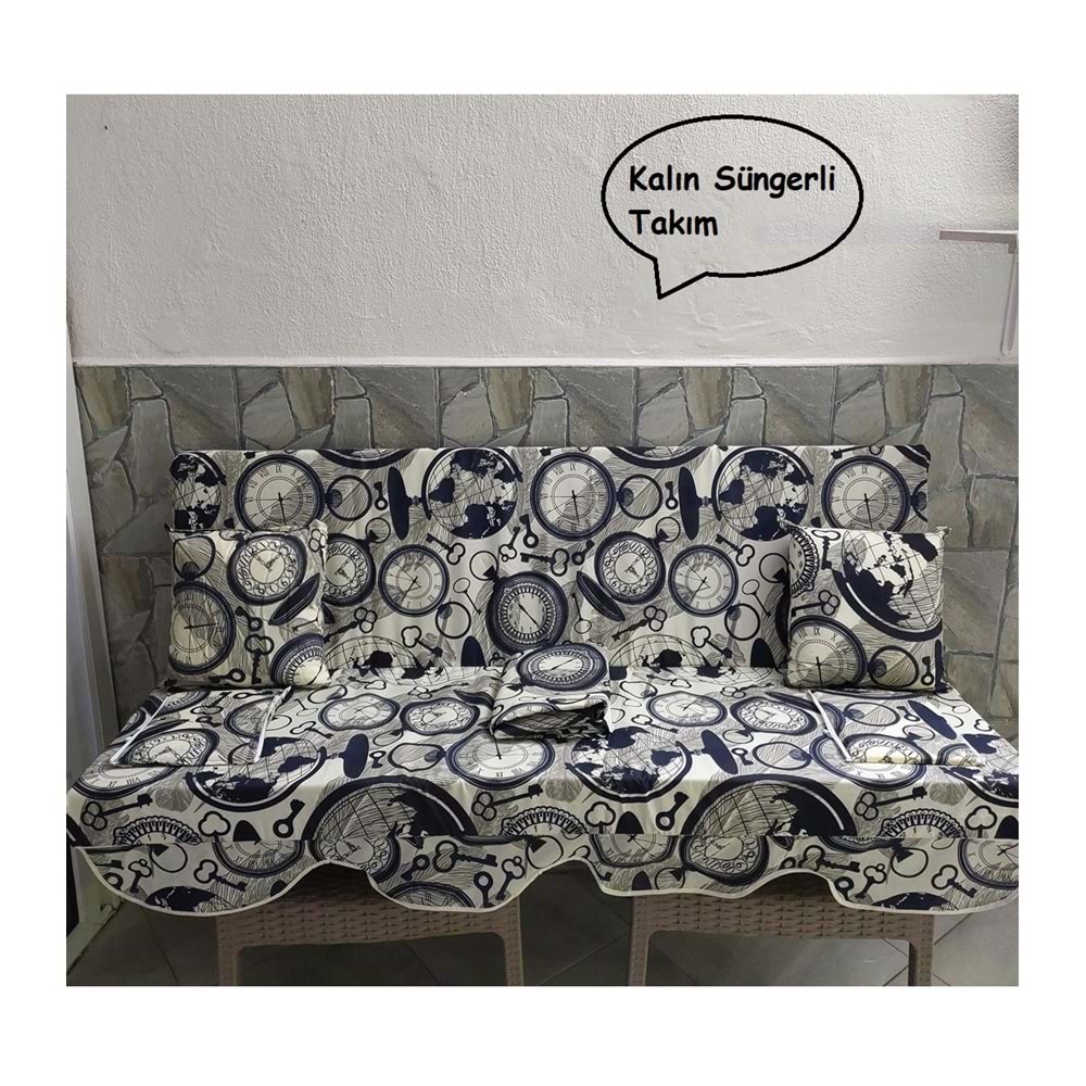 Mandaş Süngerli 3 Kişilik Salıncak Minder Seti (Pamuklu Kumaş)-Saatli Lacivert