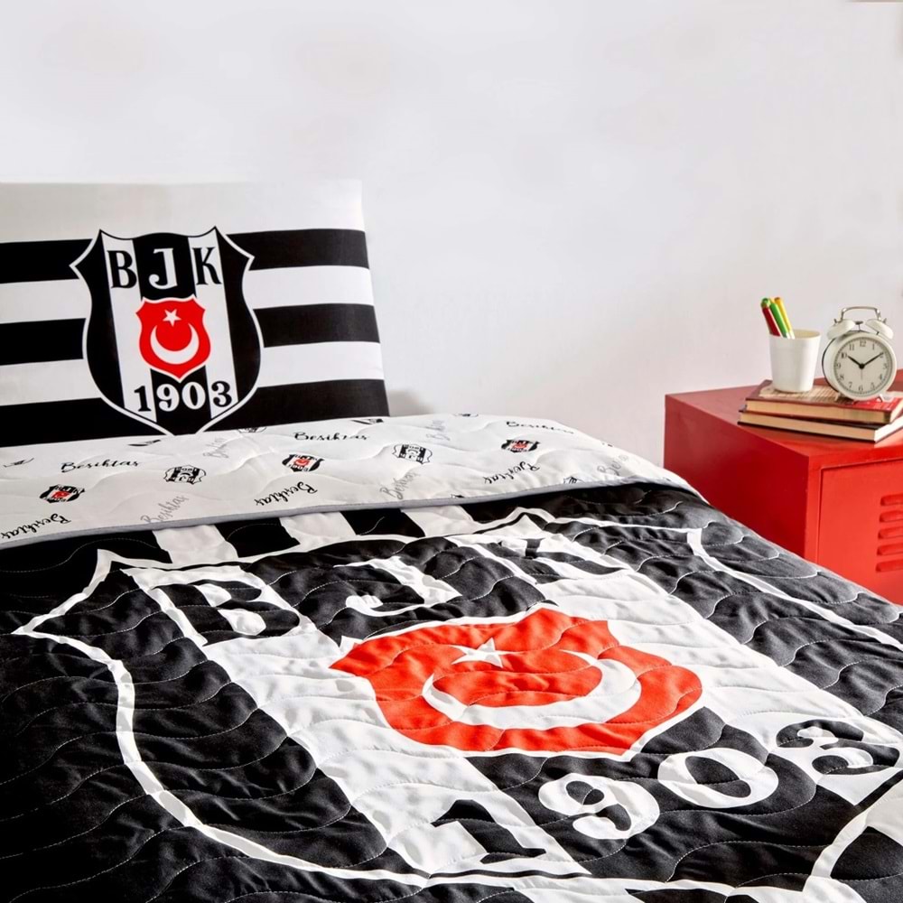 Taç Taraftar Lisanslı Pamuklu Tek Kişilik Yatak Örtüsü Seti (160x230)-Beşiktaş Stripe
