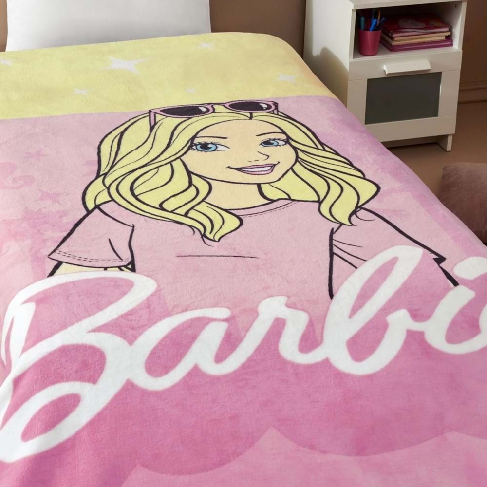 Taç Lisanslı Tek Kişilik Çocuk Battaniye (160x220)-Barbie Girl Malibu Pembe