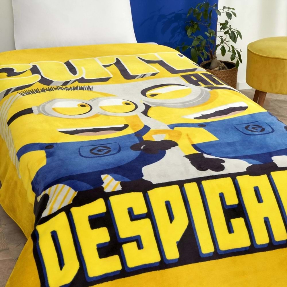 Taç Lisanslı Tek Kişilik Çocuk Battaniye (160x220)-Minions 4 Sarı