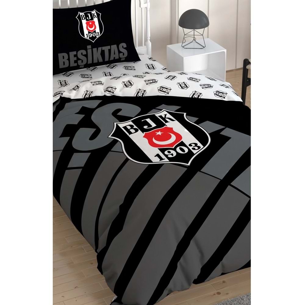 Taç Taraftar Lisanslı Ranforce Çarşafı Lastikli Tek Kişilik Nevresim Takımı-Beşiktaş Siyah Logo