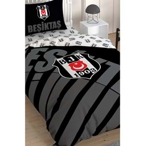 Taç Taraftar Lisanslı Ranforce Çarşafı Lastikli Tek Kişilik Nevresim Takımı-Beşiktaş Siyah Logo