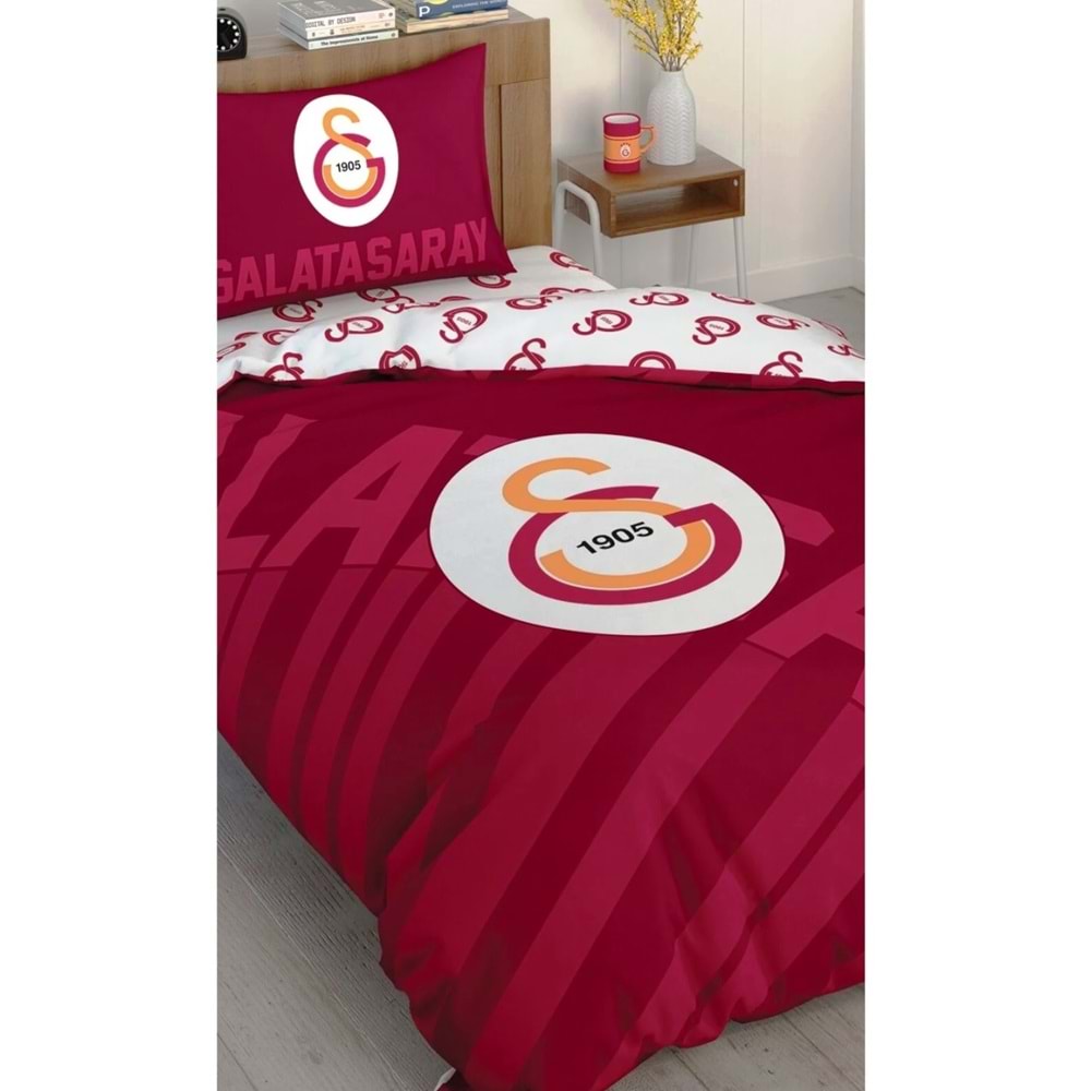 Taç Taraftar Lisanslı Ranforce Çarşafı Lastikli Tek Kişilik Nevresim Takımı-Galatasaray Kırmızı Logo