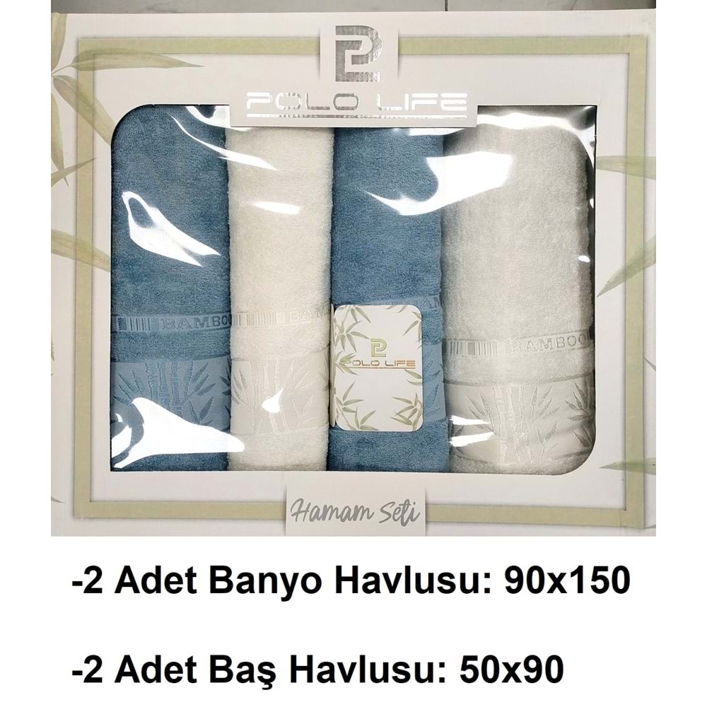 Polo Life 4 Parça Bamboo Hamam Seti (Büyük Boy), Banyo Havlu Takımı-İndigo Krem
