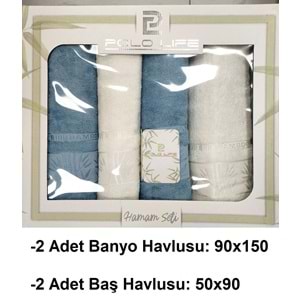 Polo Life 4 Parça Bamboo Hamam Seti (Büyük Boy), Banyo Havlu Takımı-İndigo Krem