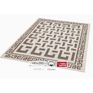 Pamuklu Bukle Lüks Kilim (140x200)-Labirent Kreme Kahve