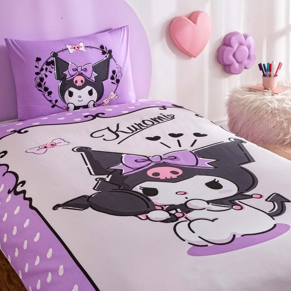 Taç Kuromi Lisanslı Ranforce Çarşafı Lastikli Tek Kişilik Nevresim Takımı-Lila Beyaz
