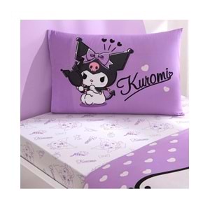 Taç Kuromi Lisanslı Ranforce Çarşafı Lastikli Tek Kişilik Nevresim Takımı-Lila Beyaz
