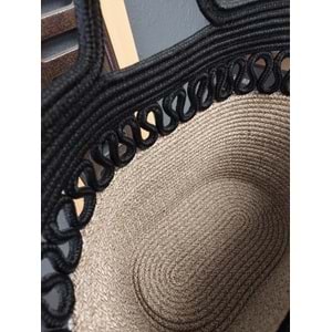 Doğal Hasır Jüt El Örmesi Günlük Kullanım ve Plaj İçin Uygun Bayan Çanta-Bej Siyah Trikotlu