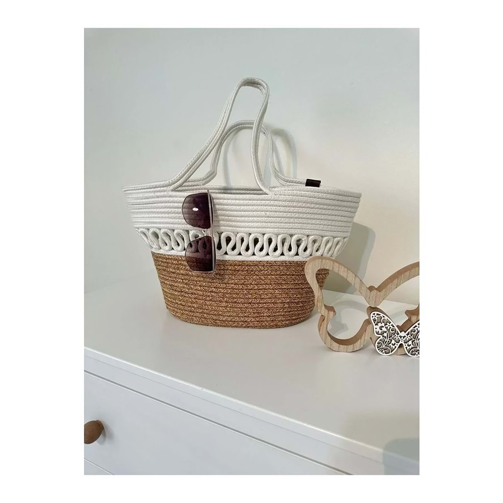 Doğal Hasır Jüt El Örmesi Günlük Kullanım ve Plaj İçin Uygun Bayan Çanta-Bej Beyaz Trikotlu
