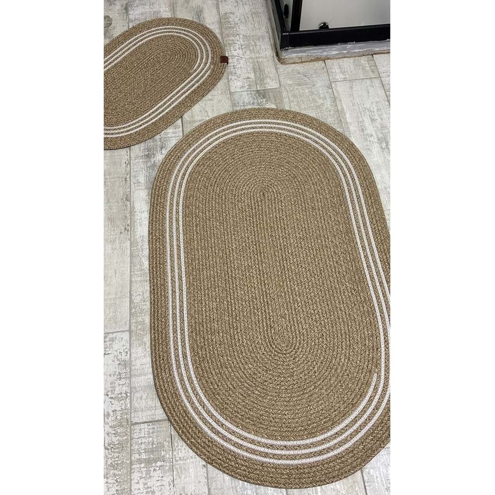 Jüt Hasır 2li Banyo Paspas Takımı-Bej Ortası Aralıklı Beyaz