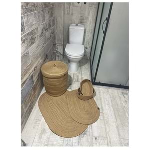 Jüt Hasır 5li Banyo Seti, Çamaşır Sepeti, Paspas Takımı, Oval Sepet-Düz Kırçıllı