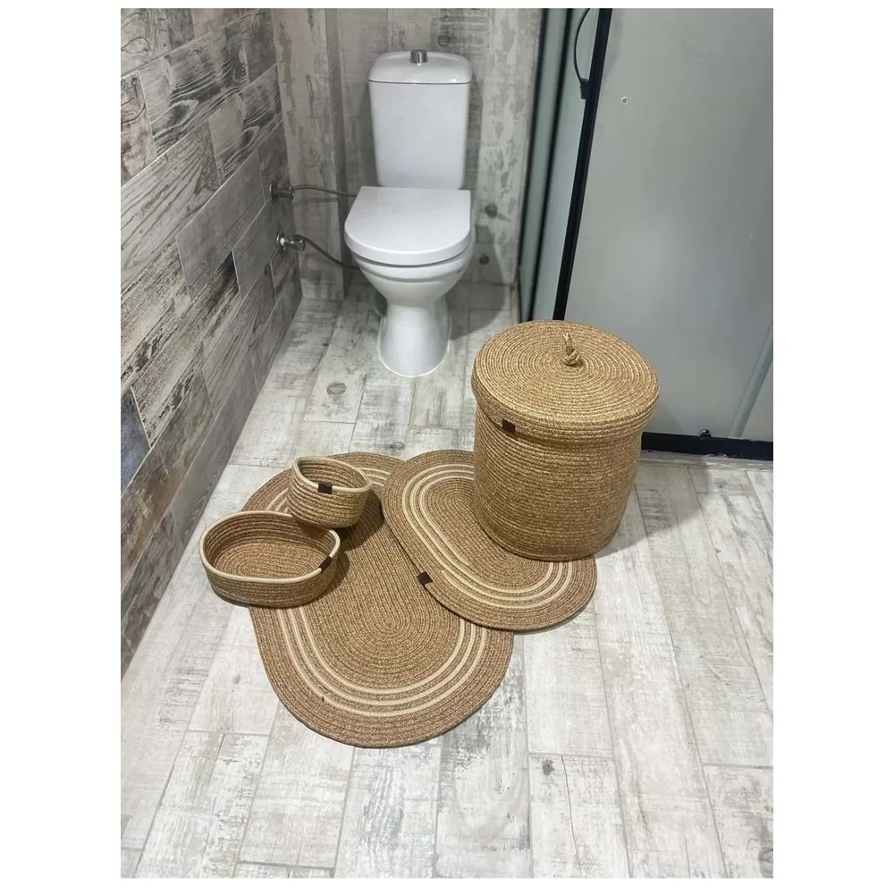 Jüt Hasır 5li Banyo Seti, Çamaşır Sepeti, Paspas Takımı, Oval Sepet-Krem Çizgili v1