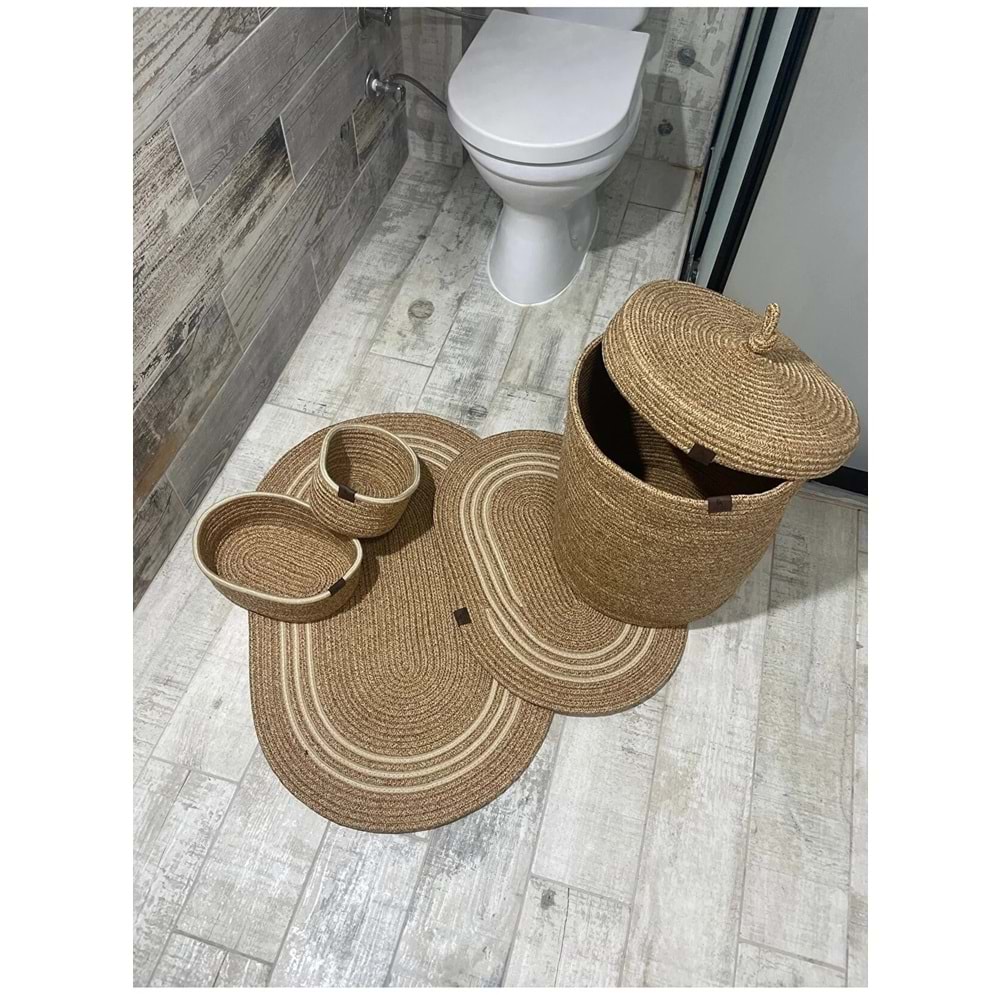 Jüt Hasır 5li Banyo Seti, Çamaşır Sepeti, Paspas Takımı, Oval Sepet-Krem Çizgili v1