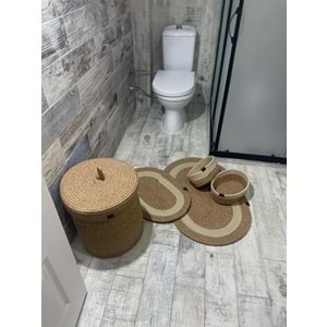 Jüt Hasır 5li Banyo Seti, Çamaşır Sepeti, Paspas Takımı, Oval Sepet-Krem Çizgili v2