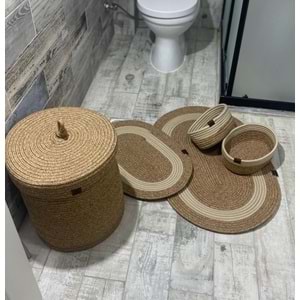 Jüt Hasır 5li Banyo Seti, Çamaşır Sepeti, Paspas Takımı, Oval Sepet-Krem Çizgili v2