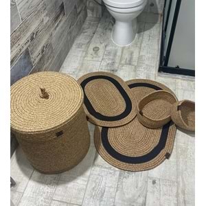 Jüt Hasır 5li Banyo Seti, Çamaşır Sepeti, Paspas Takımı, Oval Sepet-Siyah Çizgili