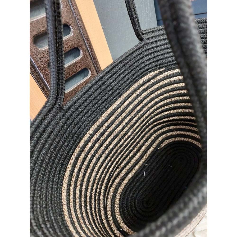 Doğal Hasır Jüt El Örmesi Günlük Kullanım ve Plaj İçin Uygun Bayan Çanta-Bej Siyah Şerit