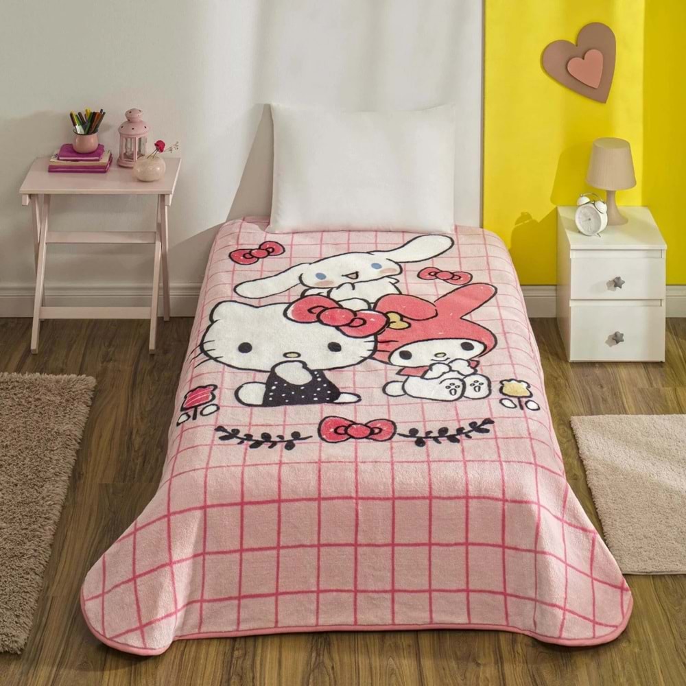 Taç Lisanslı Tek Kişilik Çocuk Battaniye (160x220)-Hello Kitty Friends Pembe