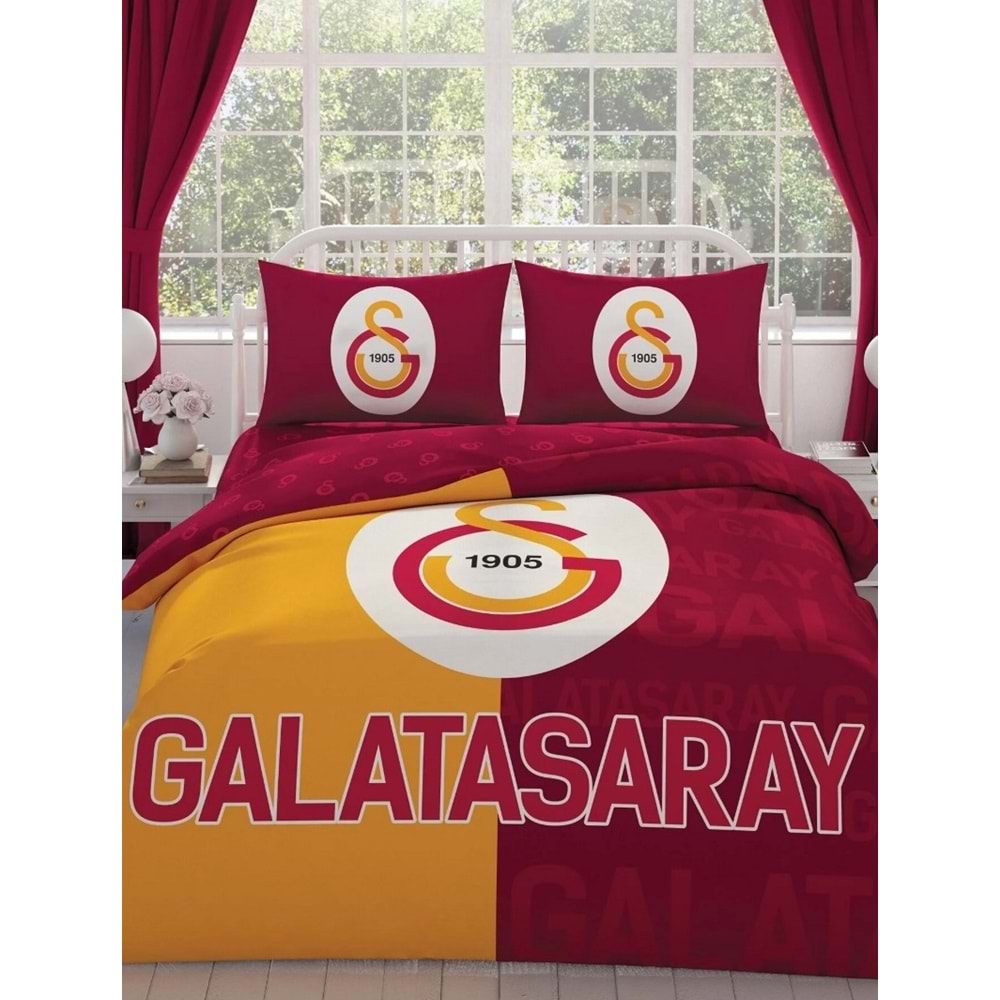 Taç Taraftar Lisanslı Ranforce Çarşafı Lastikli Çift Kişilik Nevresim Takımı-Galatasaray Parçalı Logo