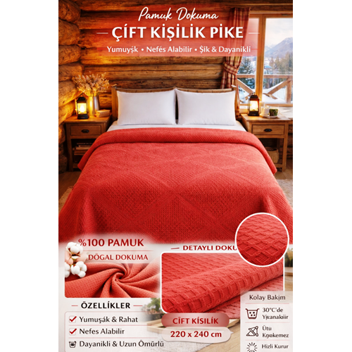 Şaheser %100 Pamuk Çift Kişilik Pike 240x220 (Tek Pike)-Brick Red KİREMİT