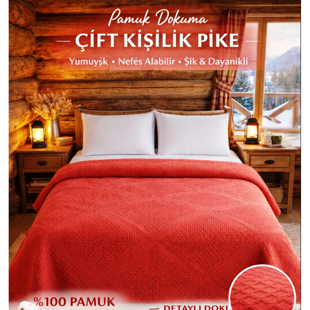 Şaheser %100 Pamuk Çift Kişilik Pike 240x220 (Tek Pike)-Brick Red KİREMİT