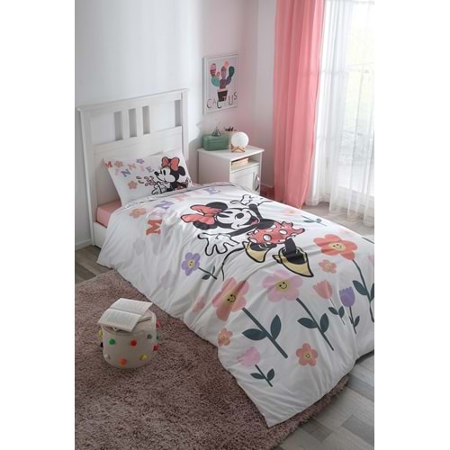 Özdilek Lisanslı Fitted Çarşaflı Tek Kişilik Çocuk Nevresim Takımı-Minnie Flowers Beyaz